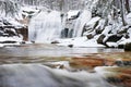 Winter waterfall. Small pond and snowy boulders bellow cascade of waterfall. Crystal freeze water of mountain river and sounds.