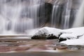 Winter Waterfall. Small Pond And Snowy Boulders Bellow Cascade Of Waterfall. Crystal Freeze Water Of Mountain River And Sounds.