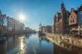 Winter and port of Old Town in Gdansk, Poland, with sailship and sunlight Royalty Free Stock Photo