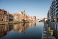 Winter and waterfront of Old Town in Gdansk, Poland, with sailship and sunlight Royalty Free Stock Photo