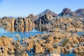 Winter at Watson Lake in Prescott Arizona with the Granite Dells and a blue sky Royalty Free Stock Photo