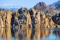 Winter at Watson Lake in Prescott Arizona with the Granite Dells and a blue sky