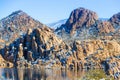 Winter at Watson Lake in Prescott Arizona with the Granite Dells and a blue sky