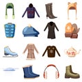 Winter wear icons set, cartoon style