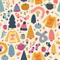 Winter wear seamless vector pattern. Autumn winter hygge background. Hand drawn teapot, wool sweater, hat, mittens, tea mug, trees