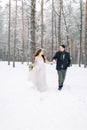 Winter wedding in a snowy forest, lovely couple holding hands, looking each other, walking outdoors in winter forest Royalty Free Stock Photo