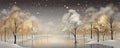 Winter wide banner. trees covered with snow on frosty evening and night scene