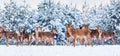 Winter wildlife landscape with young noble deers group against winter forest. Banner wide format image