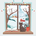 Winter window - a cat sitting on the sill with winter landscape. Cute cozy vector illustration in flat style Royalty Free Stock Photo