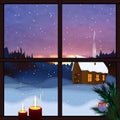 Winter window. Snowy landscape, view from the window. Falling snow, winter dawn, snow forest. Merry Christmas and happy