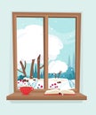 Winter window with a view of nature and the forest with a cup of coffee and a book on the windowsill. Cozy vector illustration in