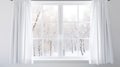 Winter Window with view of snow trees landscape. White Window looking on snow covered trees in winter