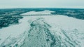 Winter Wisconsin frozen lake with bridge Royalty Free Stock Photo