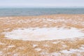 Winter witn snow on the sea sand beach. Beautiful seascape. Royalty Free Stock Photo