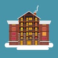 Winter wodden, brick, big house or hotel. With snow roof.