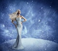 Winter Woman Fashion Dress and Hairstyle, Model Beauty Portrait in Snow, Long Gown Waving Hair