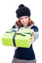 Winter woman giving present Royalty Free Stock Photo