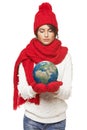 Winter woman with globe