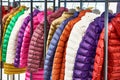 Winter womens jackets on hanger in store Royalty Free Stock Photo