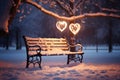 Winter wonder landscape with bench and heart shaped lights, beautifully adorned