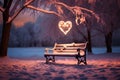 Winter wonder landscape with bench and heart shaped lights, beautifully adorned