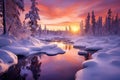 Winter Wonder. Snow-Covered Trees, Frozen Lake, and Colorful Sunset - Captivating Landscape Scene