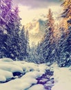 Winter wonderland in the Austrian alps. Majestic alpine mountain on the background. Dramatic scene. Natupe background. Retro Style Royalty Free Stock Photo