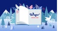 Winter wonderland, Book fair banner with open book and frozen trees. Vector illustration