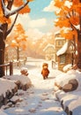 Winter Wonderland: A Cartoon Bear\'s Journey Through a Tiny Villa Royalty Free Stock Photo