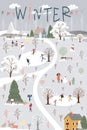 Winter wonderland on Chirstmas eve with people celebration in city park at night.Vector illustration Winte scene Cute cartoon for