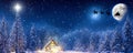 A beautiful winter wonderland Christmas scene, with a log cabin, Santa\'s slay, north star and reindeer silhouette