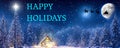 Happy Holidays - A winter wonderland Christmas scene, with a log cabin, Santa\'s slay, north star and reindeer silhouette