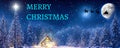 Merry Christmas - A winter wonderland Christmas scene, with a log cabin, Santa\'s slay, north star and reindeer silhouette