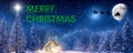 Merry Christmas - A winter wonderland Christmas scene, with a log cabin, Santa\'s slay, north star and reindeer silhouette