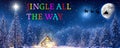 Jingle all the way - A winter wonderland Christmas scene, with a log cabin, Santa\'s slay, north star and reindeer silhouette Royalty Free Stock Photo