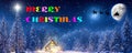 Merry Christmas - A winter wonderland Christmas scene, with a log cabin, Santa\'s slay, north star and reindeer silhouette Royalty Free Stock Photo