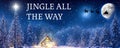 Jingle all the way - A winter wonderland Christmas scene, with a log cabin, Santa\'s slay, north star and reindeer silhouette