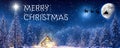 Merry Christmas - A winter wonderland Christmas scene, with a log cabin, Santa\'s slay, north star and reindeer silhouette