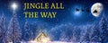 Jingle all the way - A winter wonderland Christmas scene, with a log cabin, Santa\'s slay, north star and reindeer silhouette