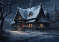 Winter Wonderland: A Cozy Cabin in the Snowy Night, Illuminated Royalty Free Stock Photo