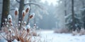 Winter wonderland delicate snow-covered plants in a serene forest scene. Generative AI Royalty Free Stock Photo