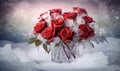 Winter wonderland fantasy vintage red roses in a classic bouquet Creating using generative AI tools