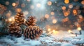 Winter Wonderland: Fir Branches, Pinecones, and Christmas Lights on Snowy Table Royalty Free Stock Photo