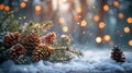Winter Wonderland: Fir Branches, Pinecones, and Christmas Lights on Snowy Table Royalty Free Stock Photo