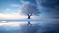 Winter Wonderland: Frosted Oak Tree with Lake Reflection Royalty Free Stock Photo