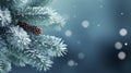 Winter wonderland with frosted spruce branches, snow drifts, bokeh lights, and text space