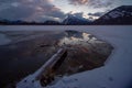 Frozen Vermillion Lake surrounded by Canadian Rocky Mountains. Royalty Free Stock Photo