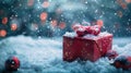 Winter Wonderland Gift Box with Christmas Presents and Red Decorations on Snowy Blue Background with Defocused Bokeh Lights. Royalty Free Stock Photo