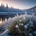 Winter wonderland, grass and ground covered in frosty frost, winter landscape in the background, Royalty Free Stock Photo