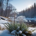 Winter wonderland, grass and ground covered in frosty frost, winter landscape in the background, Royalty Free Stock Photo